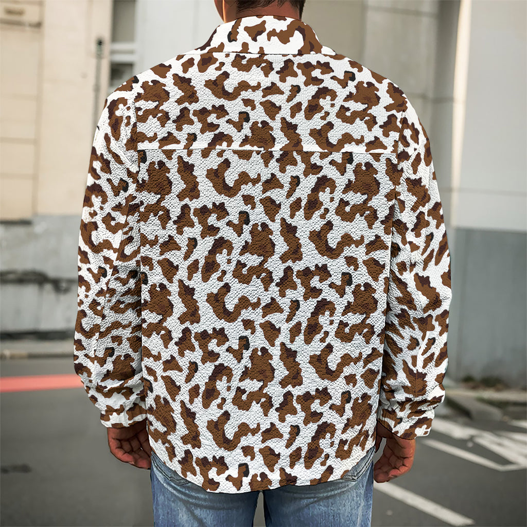 Brown And White Cow Pattern Print Men's Shirt Jacket