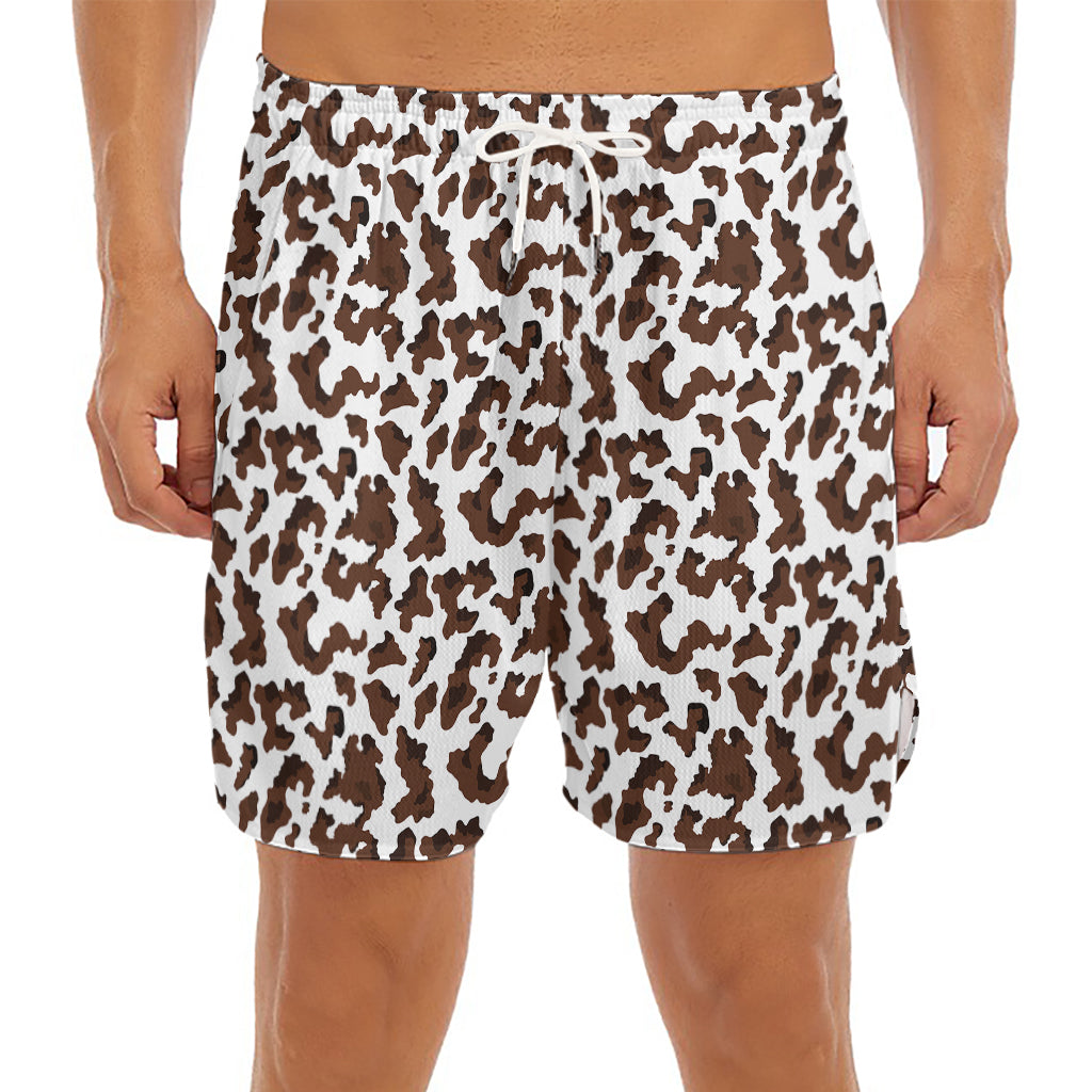 Brown And White Cow Pattern Print Men's Split Running Shorts