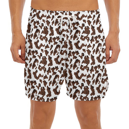 Brown And White Cow Pattern Print Men's Split Running Shorts