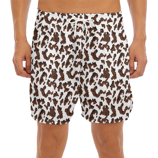 Brown And White Cow Pattern Print Men's Split Running Shorts