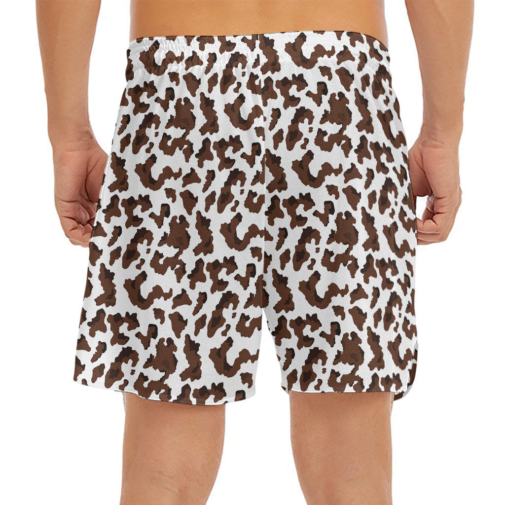 Brown And White Cow Pattern Print Men's Split Running Shorts