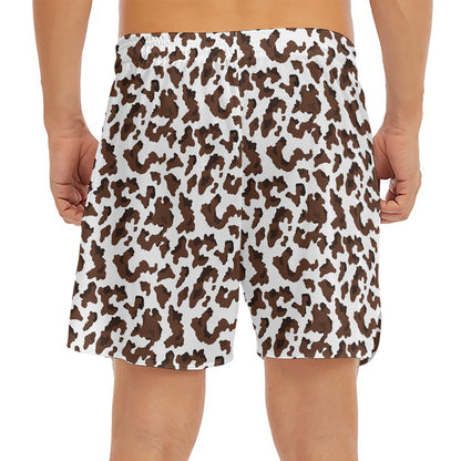 Brown And White Cow Pattern Print Men's Split Running Shorts