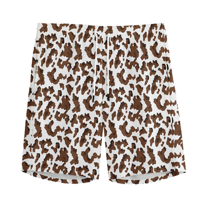 Brown And White Cow Pattern Print Men's Sports Shorts