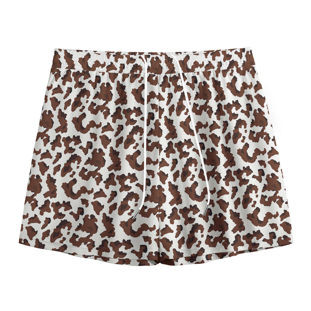 Brown And White Cow Pattern Print Mesh Shorts