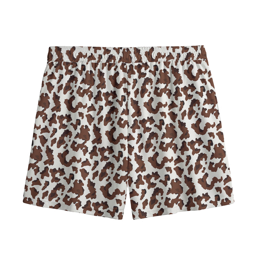 Brown And White Cow Pattern Print Mesh Shorts