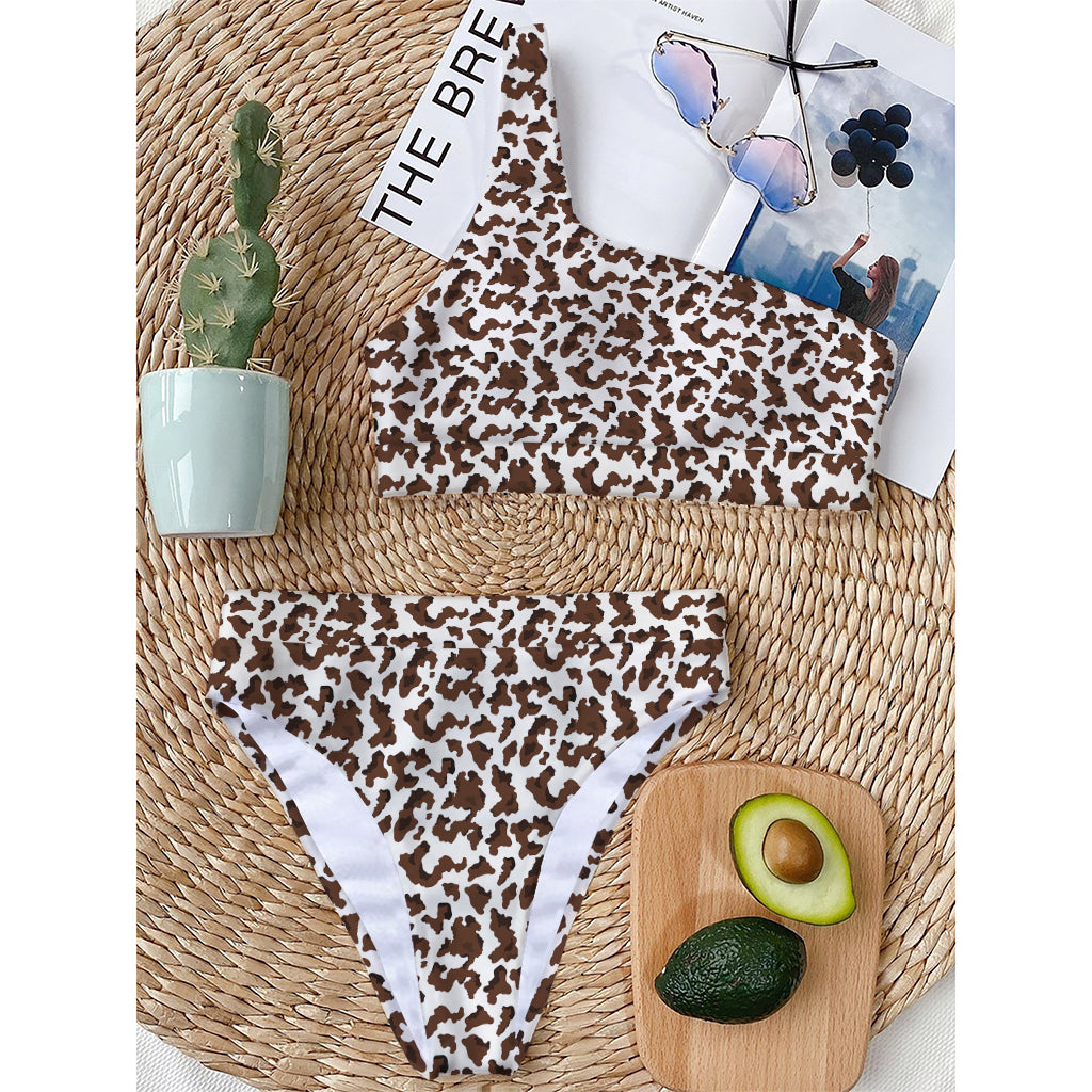 Brown And White Cow Pattern Print One Shoulder Bikini Top