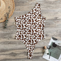 Brown And White Cow Pattern Print One Shoulder Bodysuit