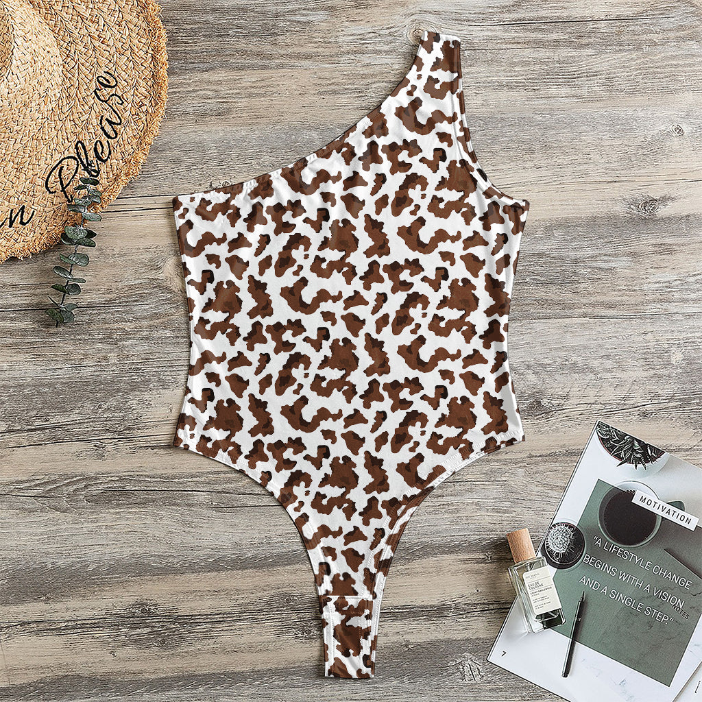 Brown And White Cow Pattern Print One Shoulder Bodysuit