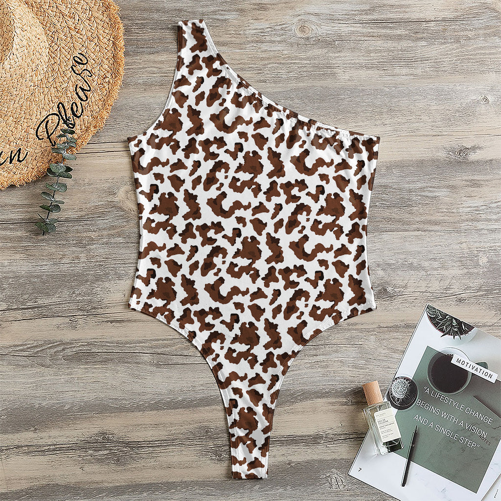 Brown And White Cow Pattern Print One Shoulder Bodysuit
