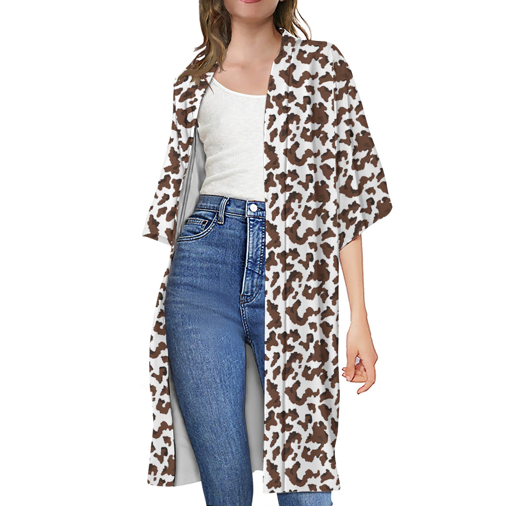 Brown And White Cow Pattern Print Open Front Beach Cover Up