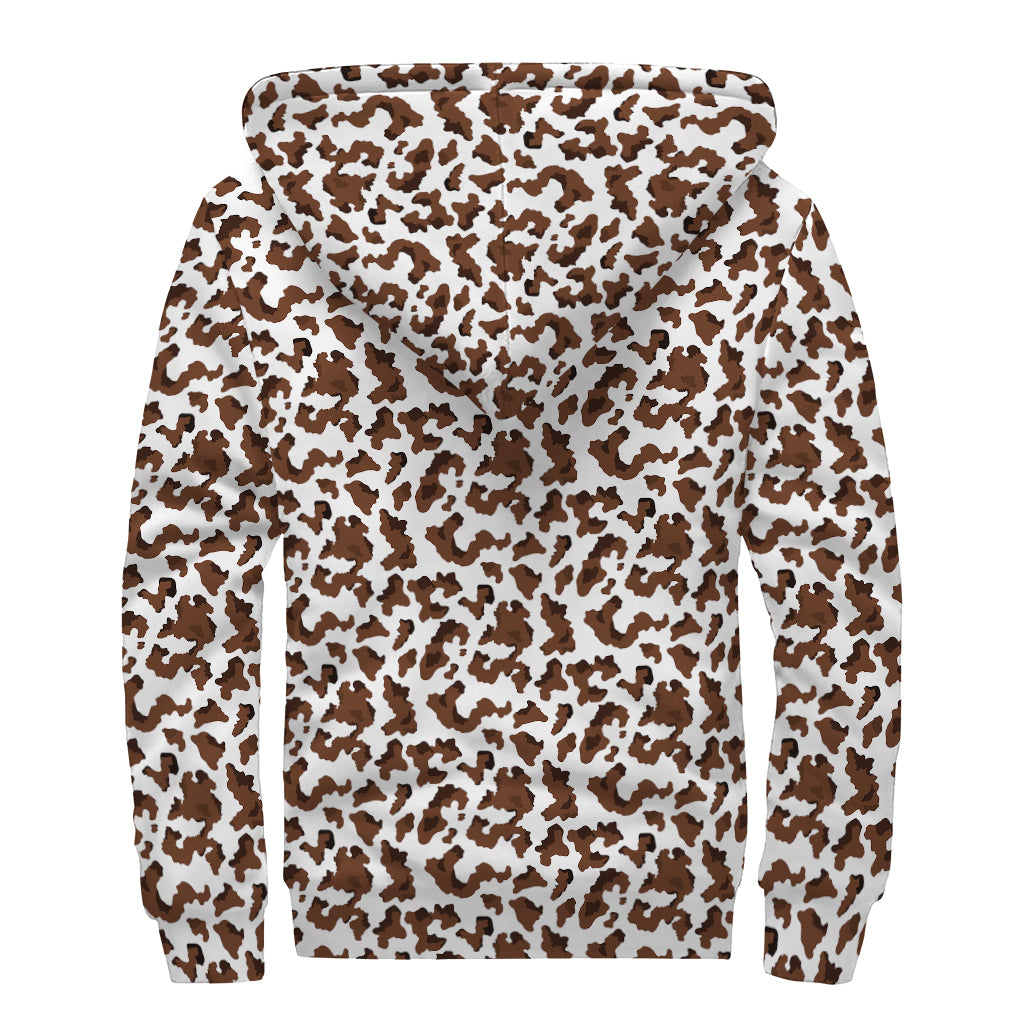 Brown And White Cow Pattern Print Sherpa Lined Zip Up Hoodie