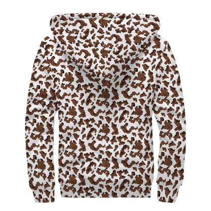 Brown And White Cow Pattern Print Sherpa Lined Zip Up Hoodie