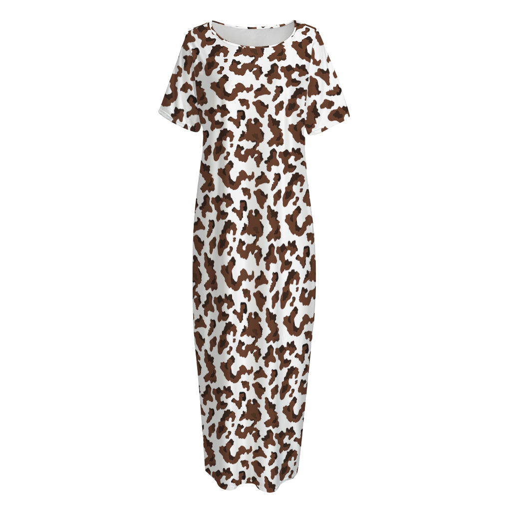 Brown And White Cow Pattern Print Short Sleeve Long Nightdress