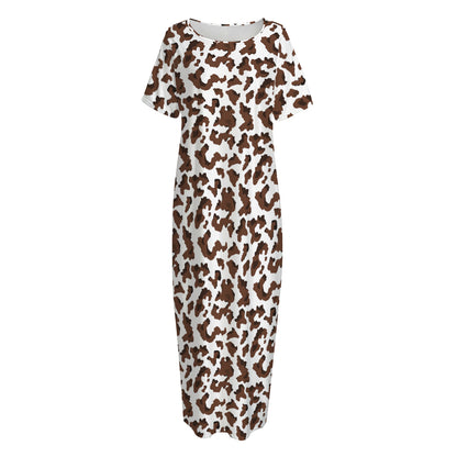 Brown And White Cow Pattern Print Short Sleeve Long Nightdress