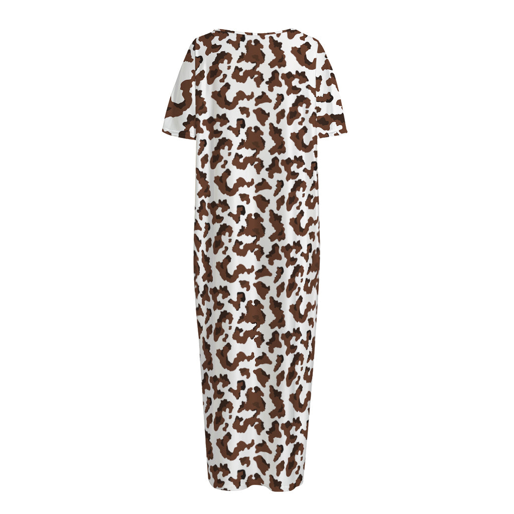 Brown And White Cow Pattern Print Short Sleeve Long Nightdress