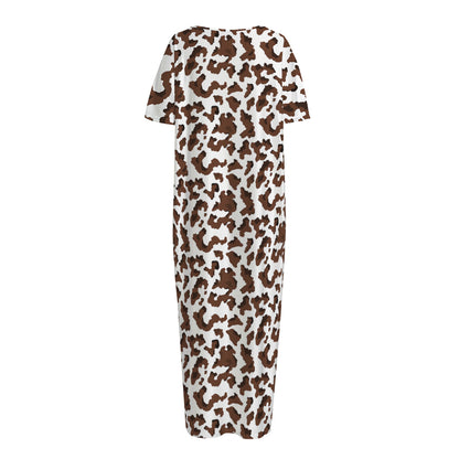 Brown And White Cow Pattern Print Short Sleeve Long Nightdress