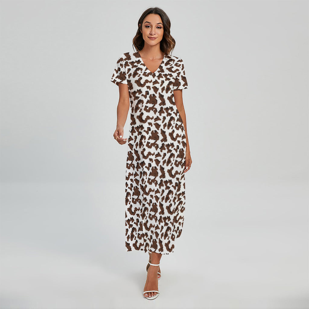 Brown And White Cow Pattern Print Short Sleeve Maxi Dress