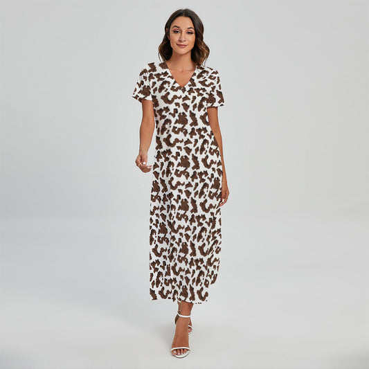 Brown And White Cow Pattern Print Short Sleeve Maxi Dress