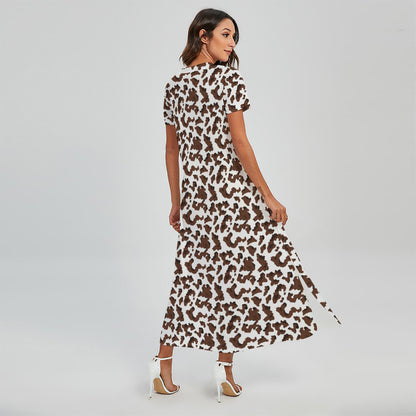 Brown And White Cow Pattern Print Short Sleeve Maxi Dress
