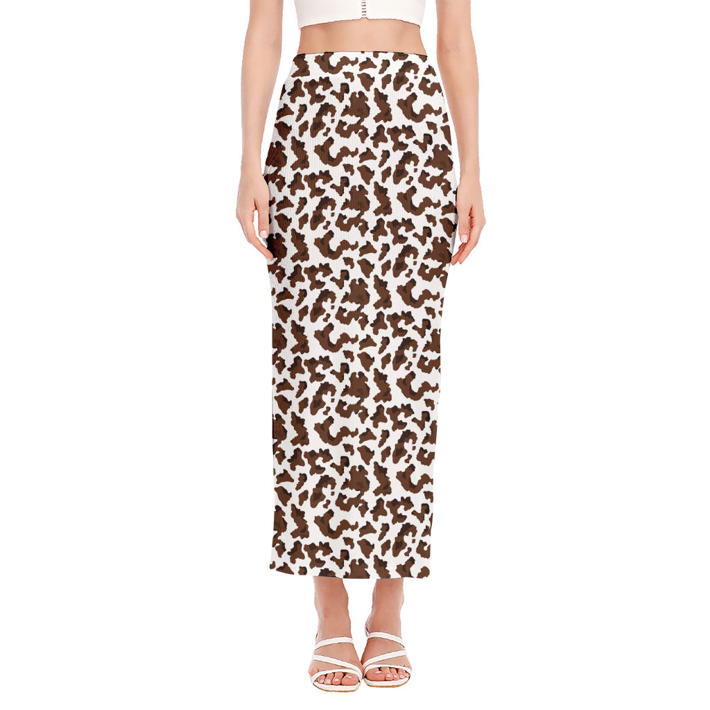 Brown And White Cow Pattern Print Side Slit Maxi Skirt