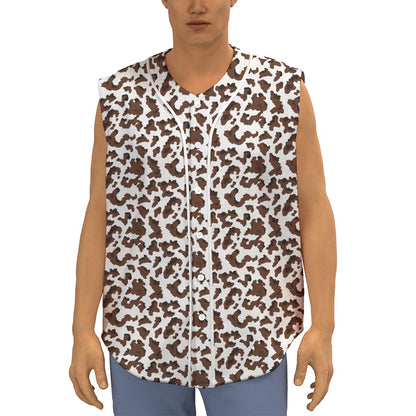 Brown And White Cow Pattern Print Sleeveless Baseball Jersey