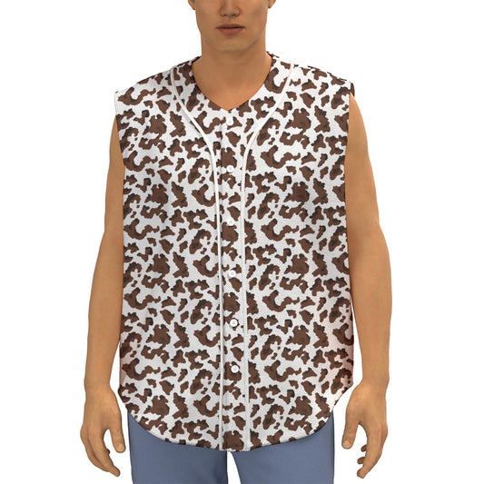 Brown And White Cow Pattern Print Sleeveless Baseball Jersey