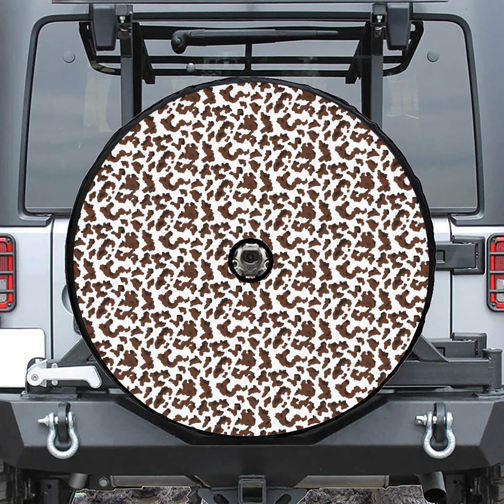 Brown And White Cow Pattern Print Tire Cover With Camera Hole