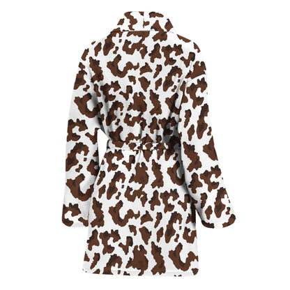 Brown And White Cow Pattern Print Women's Bathrobe