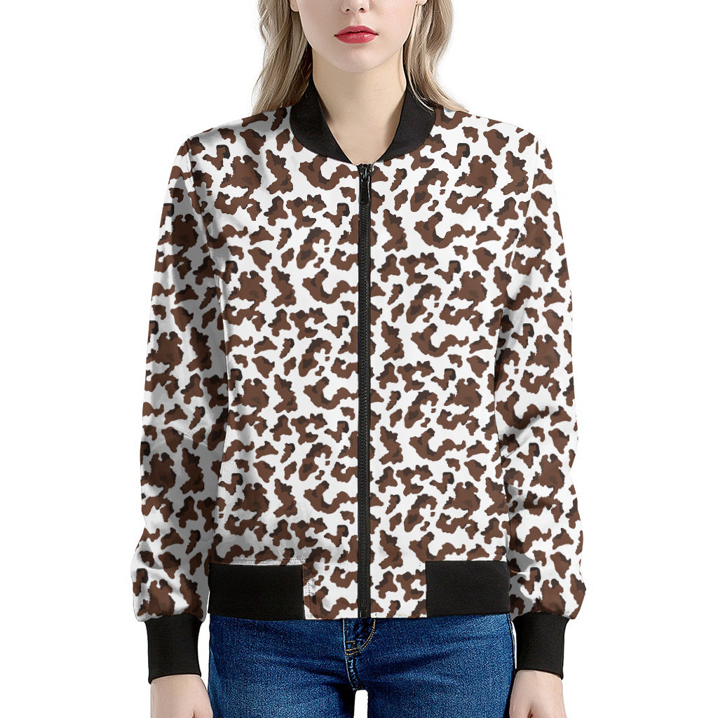 Brown And White Cow Pattern Print Women's Bomber Jacket