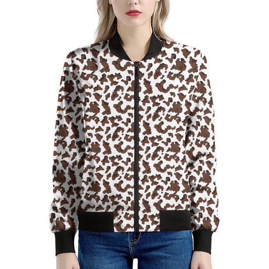 Brown And White Cow Pattern Print Women's Bomber Jacket