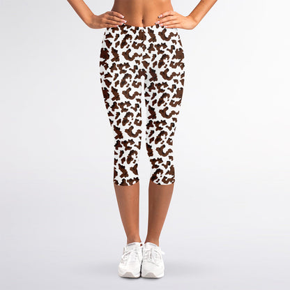 Brown And White Cow Pattern Print Women's Capri Leggings