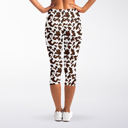 Brown And White Cow Pattern Print Women's Capri Leggings