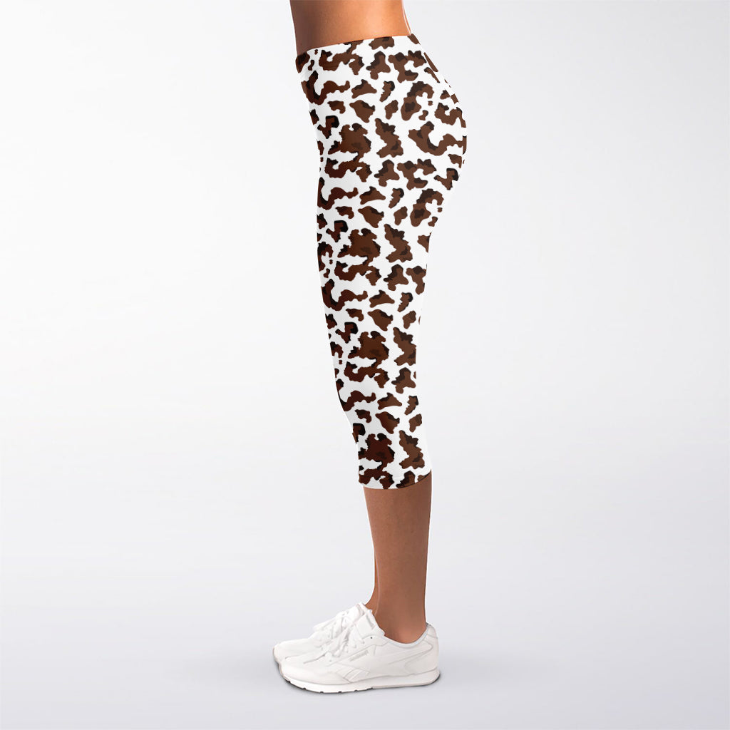 Brown And White Cow Pattern Print Women's Capri Leggings