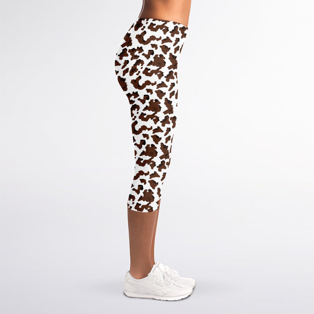 Brown And White Cow Pattern Print Women's Capri Leggings