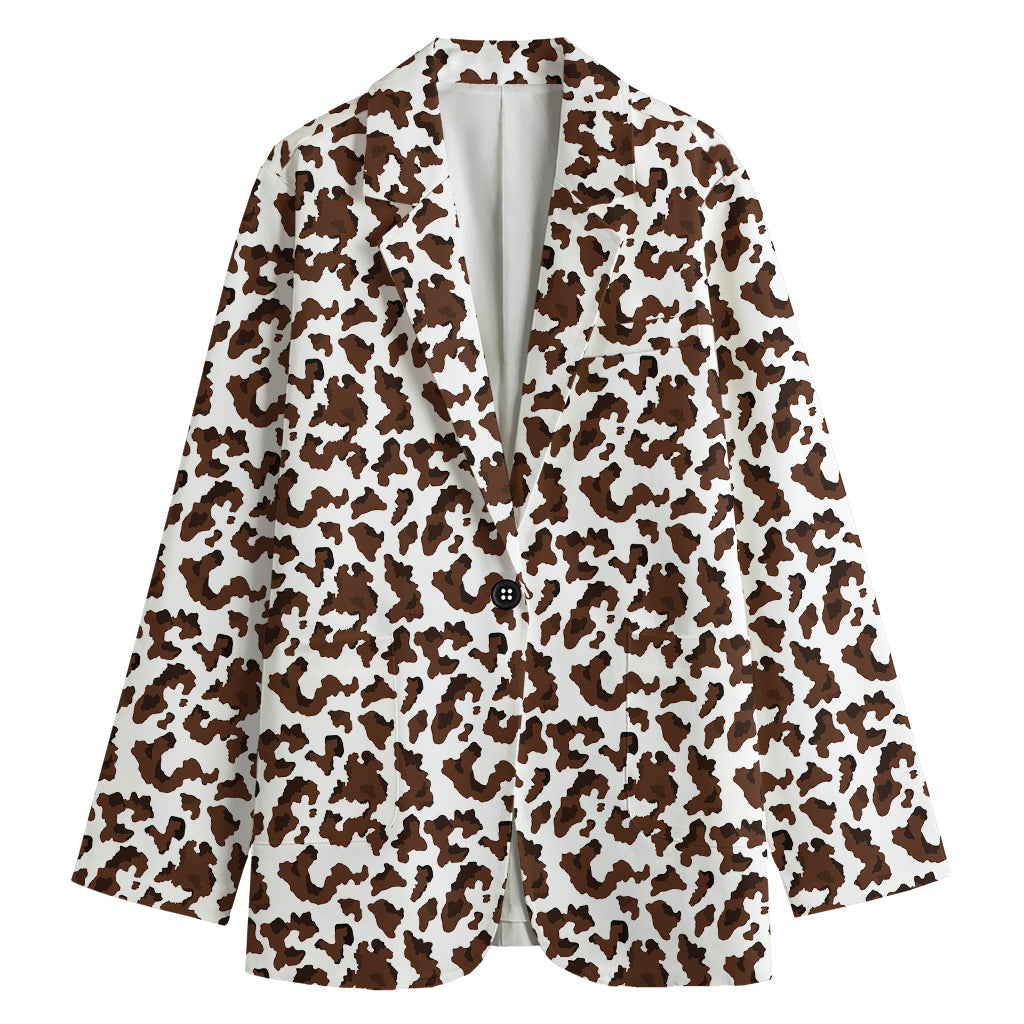 Brown And White Cow Pattern Print Women's Cotton Blazer