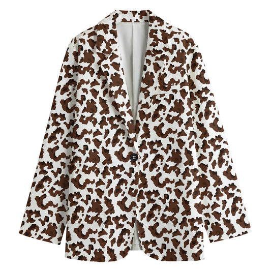 Brown And White Cow Pattern Print Women's Cotton Blazer