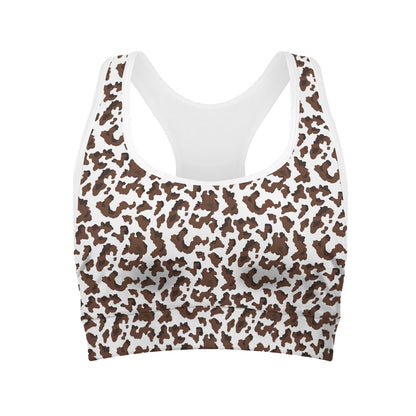 Brown And White Cow Pattern Print Women's Sports Bra