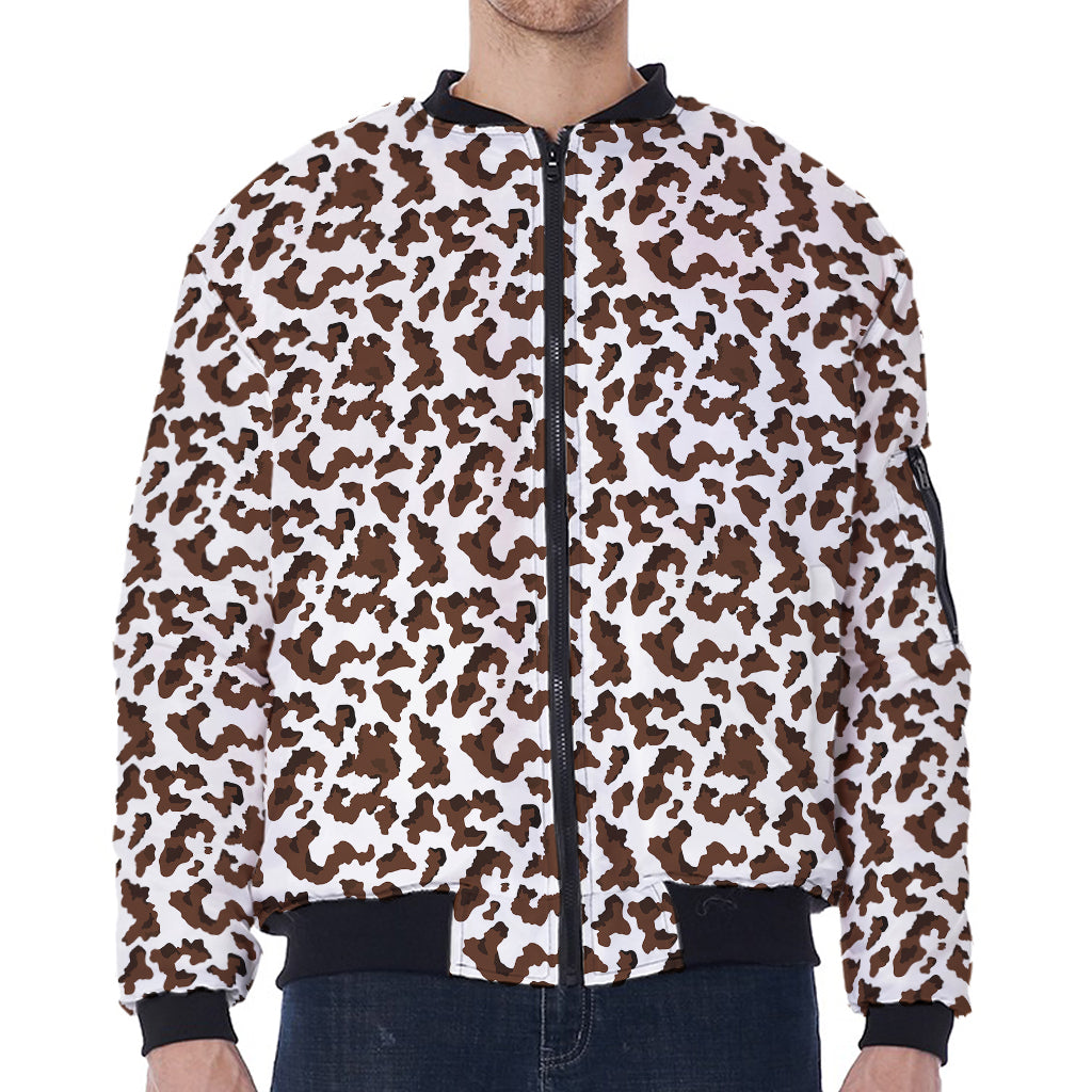 Brown And White Cow Pattern Print Zip Sleeve Bomber Jacket