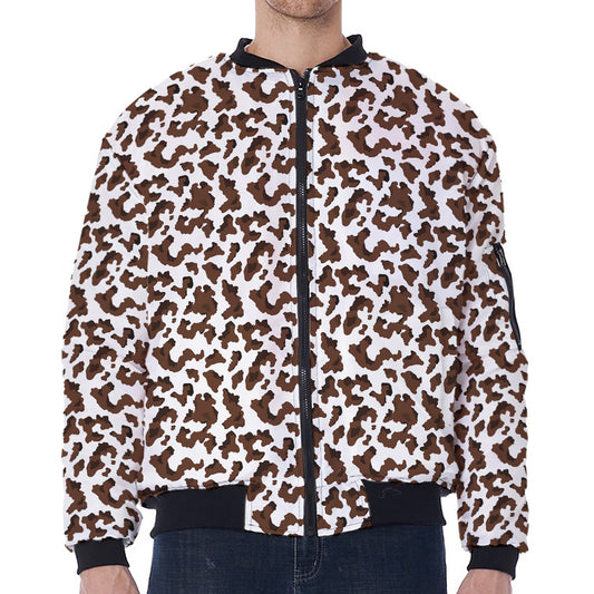 Brown And White Cow Pattern Print Zip Sleeve Bomber Jacket