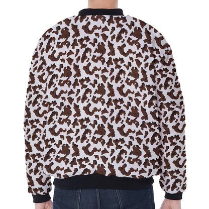 Brown And White Cow Pattern Print Zip Sleeve Bomber Jacket