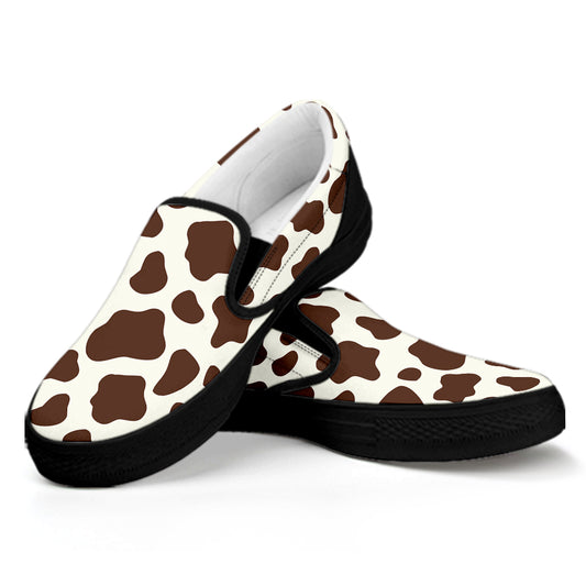 Brown And White Cow Print Black Slip On Sneakers