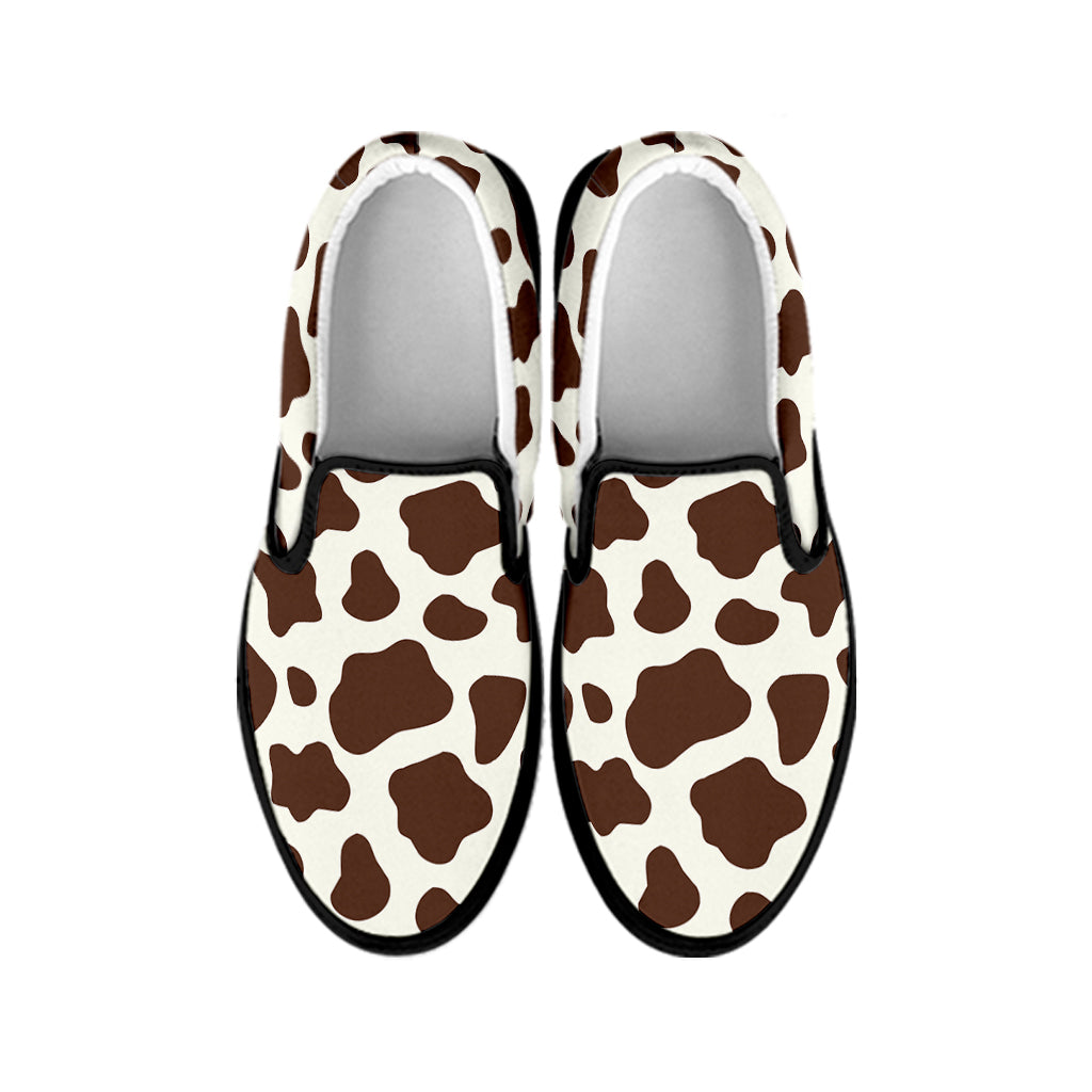 Brown And White Cow Print Black Slip On Sneakers