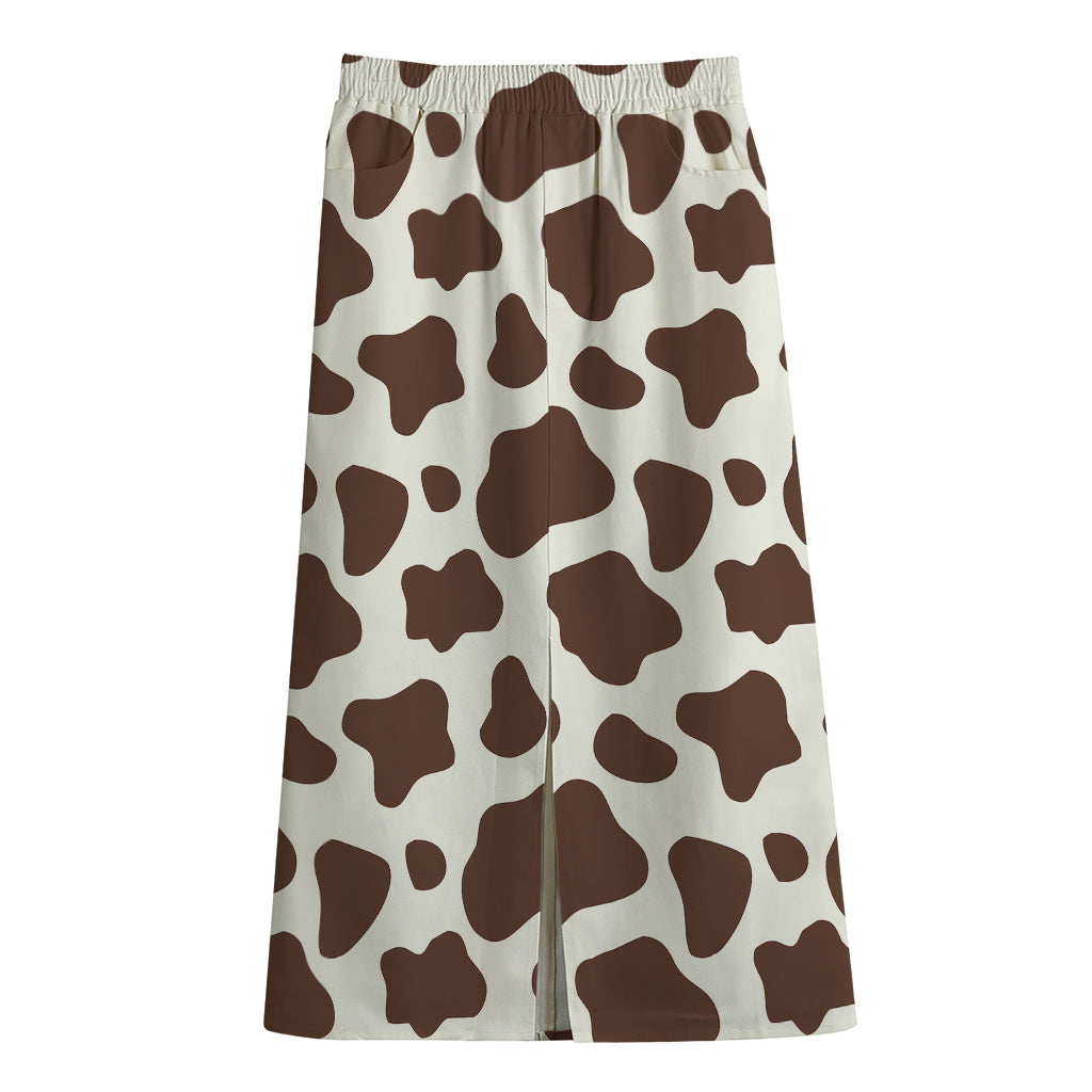 Brown And White Cow Print Cotton Front Slit Maxi Skirt
