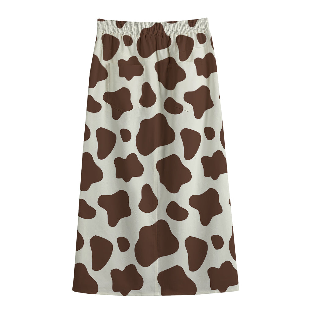 Brown And White Cow Print Cotton Front Slit Maxi Skirt