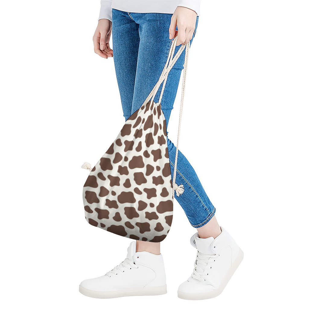 Brown And White Cow Print Drawstring Bag