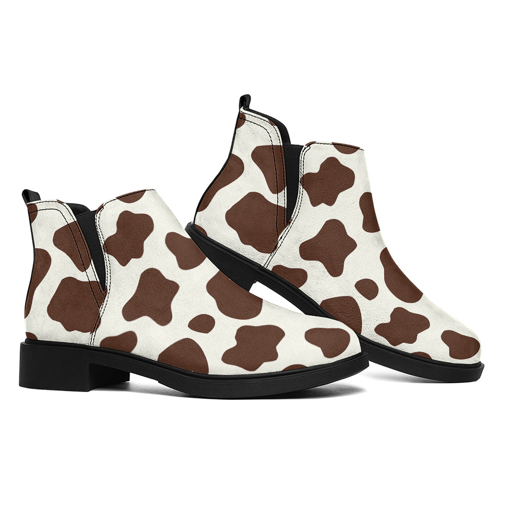 Brown And White Cow Print Flat Ankle Boots