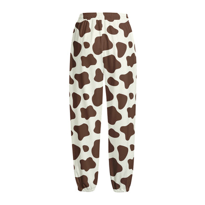Brown And White Cow Print Fleece Lined Knit Pants
