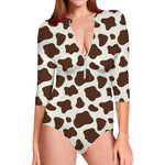 Brown And White Cow Print Long Sleeve Swimsuit