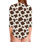 Brown And White Cow Print Long Sleeve Swimsuit