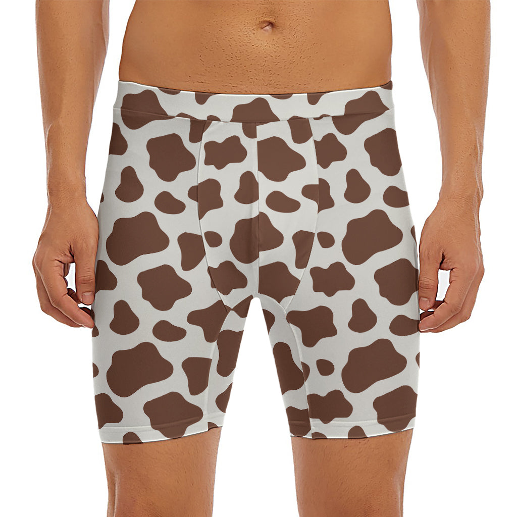 Brown And White Cow Print Men's Long Boxer Briefs